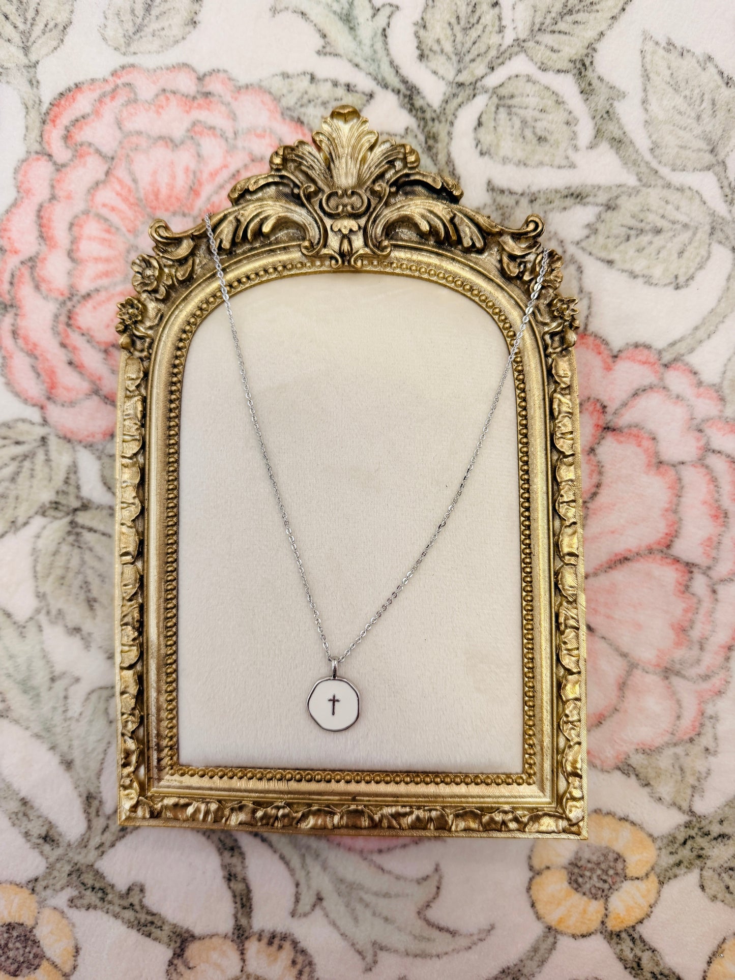 Silver and White Cross Necklace