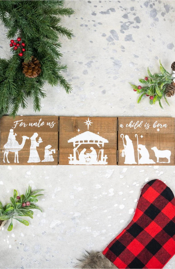 A Child is Born Nativity Hinged Wood Sign