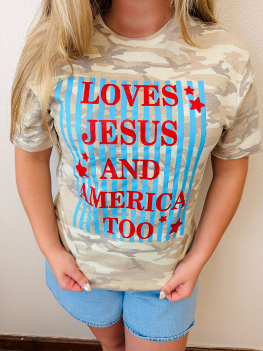 Loves Jesus and America Too Camo tee